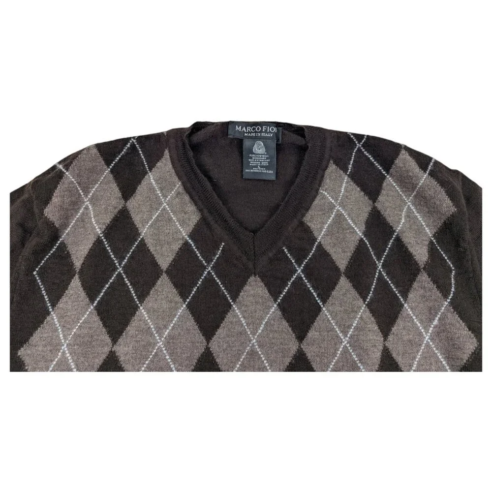 Marco Fiori Sweater Mens Size‎ L Brown Argyle Made In Italy Merino Wool Business